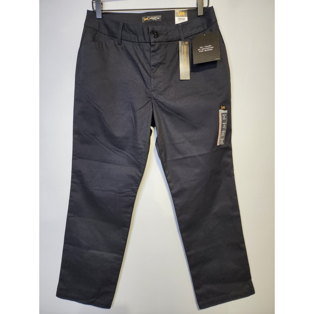 Lee Pants Womens 10 Petite Black Wrinkle Free Relaxed Fit Straight Leg Mid Rise